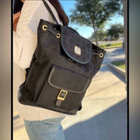 MCM Vintage Black and Gold Hardware Jacquard Classic Drawstring Nylon Backpack - Picture 1 of 11